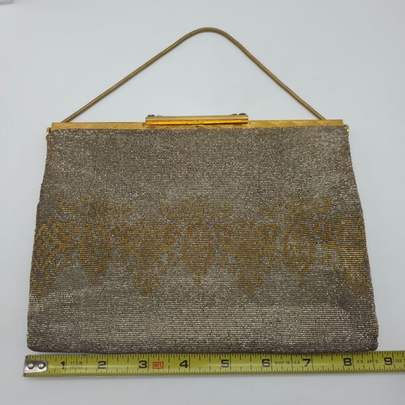 Vintage Handmade in France Evening Purse Clutch Bag Gold Mesh Beaded MOP Clasp - Picture 9 of 11